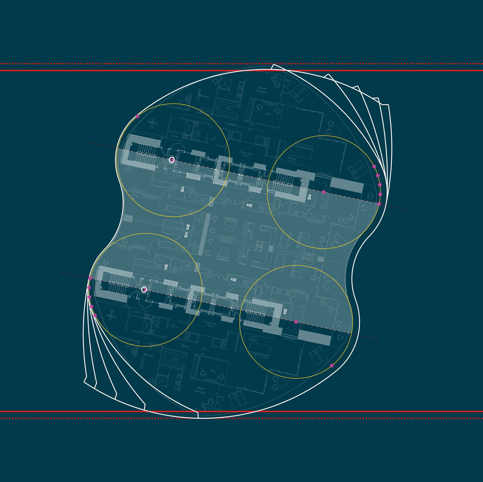 This aeriel view of the building shows its 12-degree rotation—the perfect measure of rotation required to provide maximum water views for every residence.